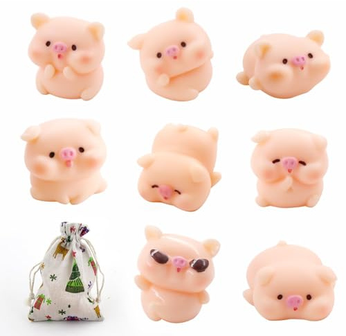 8 Stück Glücksschweinchen Figuren und Stoffbeutel Glücksschweinchen