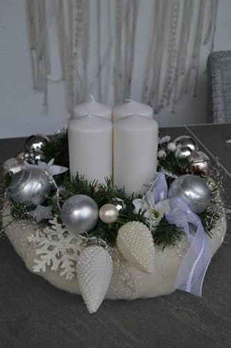 Adventskranz Creme Silber 37 cm künstlich Weihnachten Adventsgesteck Advent Deko