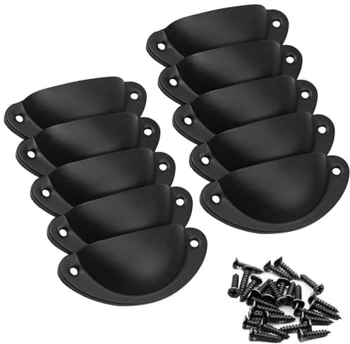 10 Pack Drawer Handles, Vintage Cabinet Handles, Iron Shell Pull Cupboard Door Handles, Cup Handles with Screws,Pull Knobs for Kitchen Cupboard,Wardrobe,Furniture,Dresser Drawer (Black) Shell Handles
