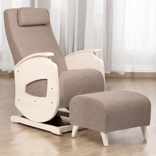 NeiLux Design Schaukelstuhl mit Hocker – Handgefertigter Schaukelstuhl – Gemütlicher Schwingsessel mit Armlehnen für Wohnzimmer, Schlafzimmer & als Lesesessel – Relax Sessel (Khaki)
