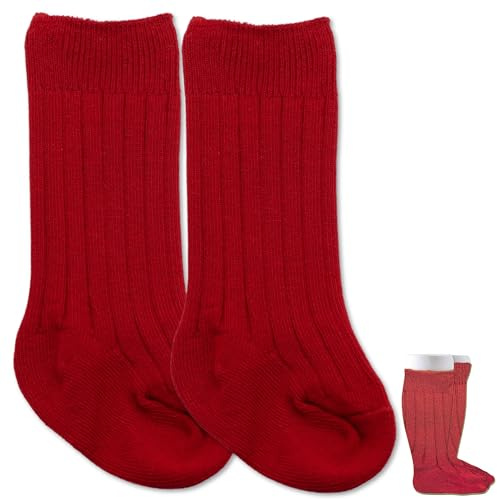 BABYZOCO Calcetines Altos de Algodón para Bebé, Calcetas Largas, Medias Largas de Algodón para Bebé, Talla S, Apto para 0 a 12 meses (FR/ES, Edad, 0 meses, 12 meses, Rojo)