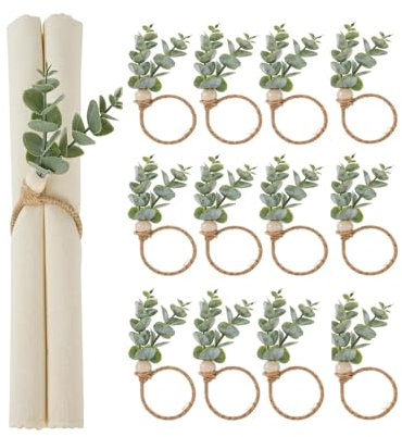 Kopinma 12Pcs Boho Serviettenring Aus Eukalyptusholz Blätter Serviettenhalter, Holzperlen Bauernhaus Serviettenringhalter, Serviettenschnallen für Partys Abendessen Hochzeit Bankett Tischdekor