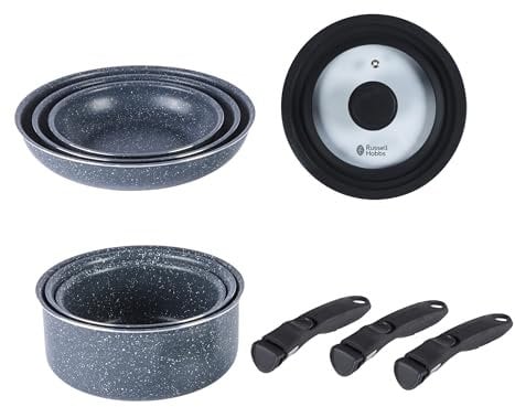 Russell Hobbs Smart Clip 10-Piece Frying Pan & Saucepan Set – 20/24/28 cm Fry Pans, 16/18/20 cm Cooking Pots, 3 Clip-On Handles, Universal Glass Lid, Non-Stick, Induction Suitable, Oven Safe