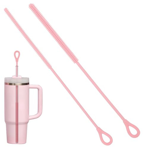 2 Stück Silikon Strohhalm Bürste, Weiche Strohhalm Bürste Wiederverwendbare mit Biegbarem Stahlkern für Glass Straw, Metal Straw und Trinkbecher, Rutschfester Griff 9mm&6mm (Rosa)