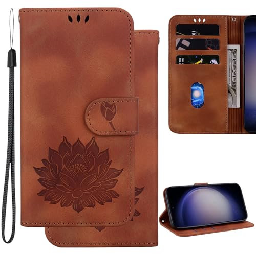 Ammeer Coque pour LG V40 ThinQ, Relief Lotus Modèle Magnétique Flip Folio Cover Téléphone Housse Étui Wallet Portefeuille Case PU Cuir Supporter - Marron