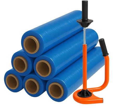 Profi Stretchfolien-Abroller Set, Orange, mit 6 Rollen Stretchfolie 23 µm, 50 cm Breite, Blau