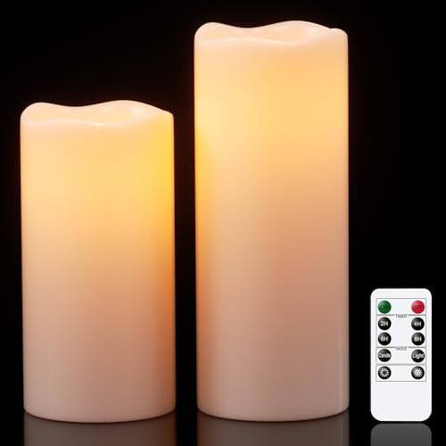 Eldnacele Wasserdichte Flammenlose Kerzen mit Timerfunktion, Batteriebetriebene Große LED Kerzen Fernbedienung für Außen Garten Laternen, Flackerlicht, Set mit 2 Stück, Creme