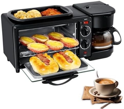 MJMLUCK 3-in-1 Breakfast Maker Station, 12L Breakfast Machine, Mini Toaster, 100℃-230℃ Electric Oven and & 30min Timing, Coffee Maker, Multifunction Maker for Apartments Kitchenettes, 1250W
