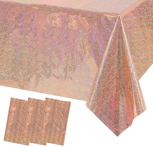 3 Stück Laser Holografisch Tischtuch Roségold Rechteckige Wasserdicht Glitzer Tischdecke, 137x274cm Laser Folie Plastik Tischdecken für Party Geburtstag Hochzeit Dekoration Metallische Tischfolie
