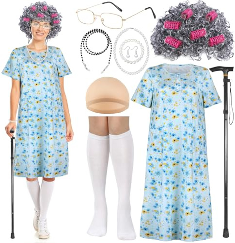 Oma Kostüm Alte Frau Damen Set mit Kittelschürze Oma Kleid Perücke Grau Halsketten Brille 8 Stück Accessoires Retro Ddr Style Kleiderschürze Rentner Alte Kostüm Frauen Damen Fasching Karneval (XXL)