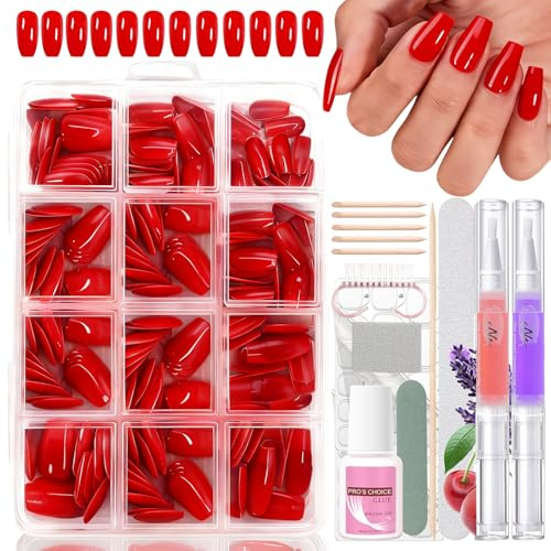 Lot de 240 faux ongles à coller - Ballerine rouge - Avec 2 stylos à huile pour ongles - Couverture complète - Gel doux naturel et agréable pour le nail art (ballerine rouge)