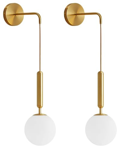 LFsem Moderne Gold Wandlampe mit Glas Kugel Lampenschirm, Retro E27 Verstellbar Innen Wandleuchte für Schlafzimmer Wohnzimmer Badezimmer Flur Beleuchtung (Mattweiß, 2 Pack)