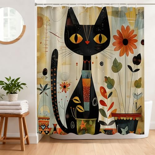 BREASOME Rideau de Douche Chat Drôle Anti Moisissure 180 x 180 cm Rideau Douche Boho Fleurs & Mignon Chaton Tissu Polyester Imperméable Lavable Rideau Baignoire avec 12 Crochets