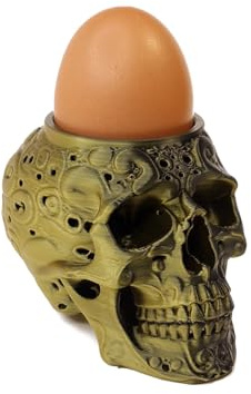 Skull Egg Cup Holder – Novelty Gothic Easter Souvenir, 2-in-1 Kitchen Decor & Egg Stand for Boiled Eggs, Breakfast Table Accessory, Unique Adult Gift (Gold Skull)