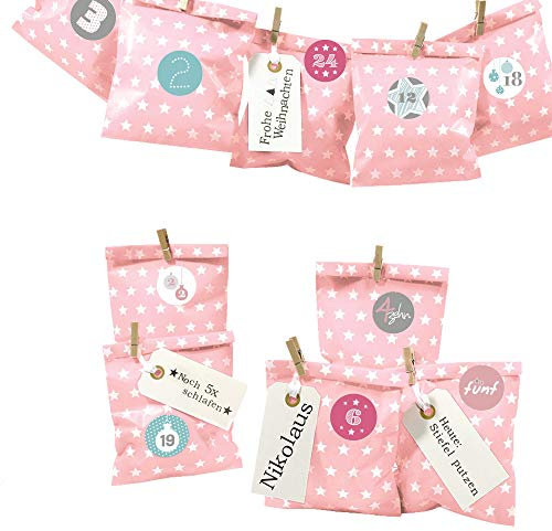 Frau WUNDERVoll® DIY Adventskalender zum Befüllen Bescherung: Set Stern 111, Papiertueten flach 13x16,5cm, rosa Stern, Ziffern Pastell