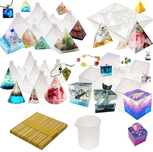 Pyramid Cone Cube Geometric Resin Silicone Moulds Pack of 4 Trays, 100ml-Rubber-Measuring-Cup, 50-Wood-Stir-Sticks