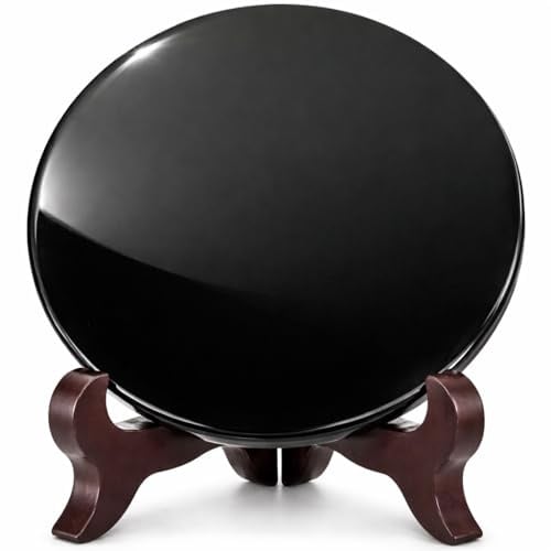 Polar Jade Schwarz Obsidian Wahrsager Spiegel (110 mm / 4.3 mit Holzständer)