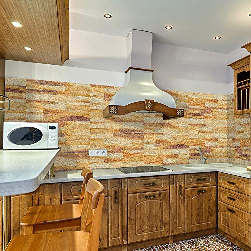 Hiser 14 Pièces Adhésive Décorative à Carreaux pour Salle de Bains et Cuisine Stickers Carrelage, 55x13.5cm Style de Brique en Pierre Imitation 3D PVC Auto-adhésifs Décoration (Grès Naturel)