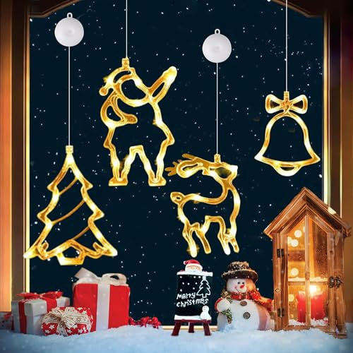 FPEAOB 4pcs Christmas Window Decorations Hanging Christmas Lights for Windows Led Warm White Battery Powered with Suction Cup Reindeer Bells Santa Tree for Christmas Party Decorations