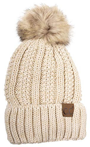 C.C Dicke Zopfstrickmütze mit flauschigem Kunstfell-Pom, Fleece-Futter, Totenkopf-Mütze, Manschette, Beige, Einheitsgröße