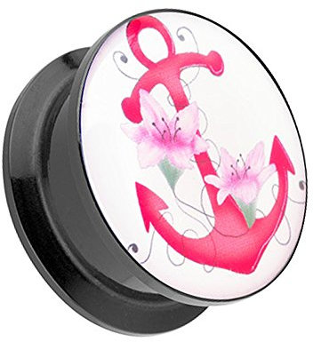 Taffstyle Ohr Plug Flesh Tunnel Piercing Ohrpiercing Kunststoff Schraub Schraubverschluß Picture mit Pink Anchor Anker & Blumen Motiv 6mm