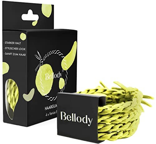 Bellody® Original Haargummis - Sundance Edition - Stylisch geflochtener Haargummi mit starkem Halt (4er Set - Venice Beach) - Damen Haarschmuck in Neon Gelb