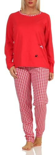 Damen Langarm Schlafanzug Pyjama mit süssen Katzen Motiv und Karierter Jersey Hose