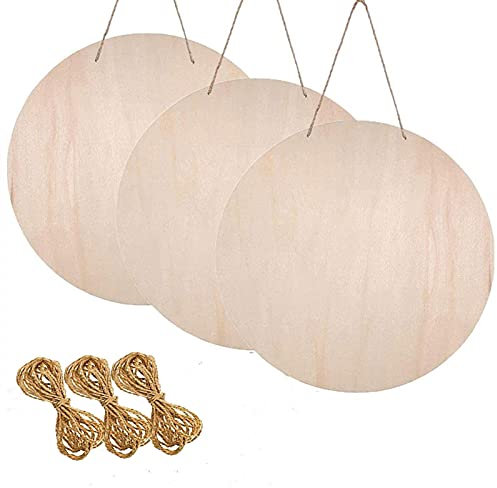 GeKLok Holzschild zum Aufhängen, unlackiert, blanko, zum Aufhängen, dekorativ, Holzscheiben, Banner mit Seilen, 3 Stück