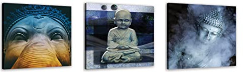 Feeby Vlies Leinwandbild Abstraktion Figur Buddha Ganesha 60x20 cm Wand Bild Kunstdruck Deko Wohnzimmer Wohnungs Deko Meditation Indien Asien Blau
