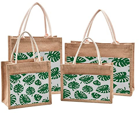 Mnsruu Monstera Palmenblatt Jute Tote Bags Frauen Lebensmittel Einkaufstaschen mit Griffen für Outdoor Reisen 22,1 x 30 x 15 cm