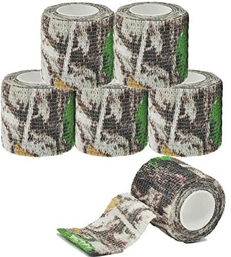 Selbstklebende Camouflage Tape, 5 Rollen 5 cm x 4.5 m Camo Stretch Bandage, Selbstklebende Tarnung Band, Camo Tape Stoff für Outdoor Camping Fotografen Jäger Kamera Schutz