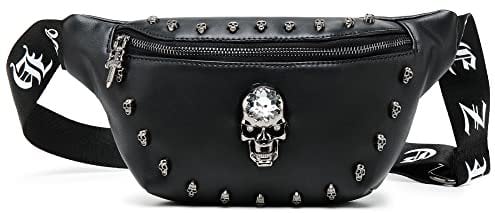 Bauchtasche Damen Herren Leder,Schwarz Bauchtasche Festival,Klein Totenkopf Entworfen Fanny Pack Stylisch,Gürteltasche Herren Damen Leder für Reisen Einkaufen (Skull -1)