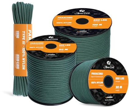 Abma Cord Paracord 550 4mm 30m 100% Nylon Rope Type III 7 Strands Parachute Cord for DIY, Camping, Survival, Outdoor - Max. 250kg - Dark Green