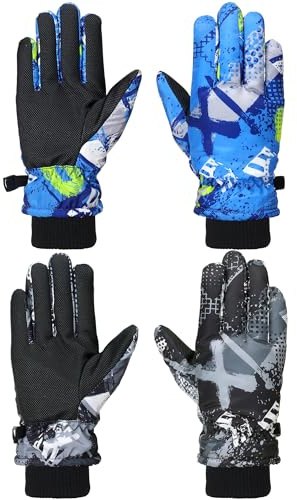 Honoson 2 Pairs Kids Snow Gloves Winter Waterproof Kids Ski Gloves Youth for Girls Boys Outdoor Toddler Snowboard Warm Clothe(Retro Pattern,4-8 Years)