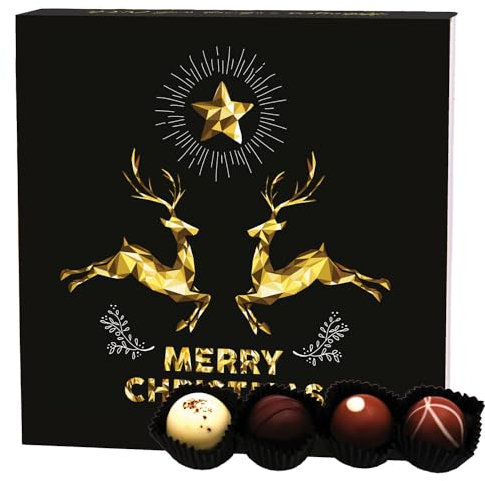 Hallingers Merry Christmas Goldene Elche - Manufaktur Pralinen Weihnachten Geschenk handmade ohne Alkohol aus Edelkakao Schokolade (Box) - Geschenk im Sommer & als perfektes Grillgeschenk | Glückwunsc