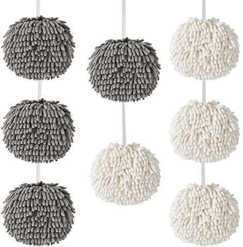 XHMAXE 8er-Pack Chenille-Handtücher (je 4 weiß und grau), weiche, saugfähige Mikrofaser-Handtücher, Ball-Gadgets zum Aufhängen von Handtüchern, schnell trocknende Tücher, Zuhause, Badezimmer, 18.8 cm