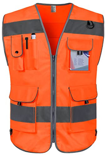 Graunton Warnweste für Männer Frauen 9 Taschen Reflektorweste, Sicherheitsweste für mit reflektierenden Streifen, Warnwesten für Gebäude, Gartenarbeit, Laufend,(DE-Orange,X-Large).