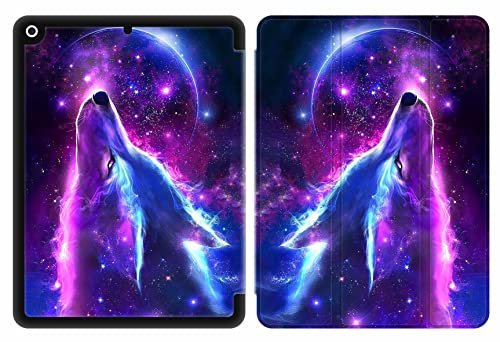 Sunrive Tablet hülle kompatibel mit iPad 9 8 7 (10,2,Model 2021 2020 2019, 9.8.7.Generation) Cover Case,PU Leder Schutzhülle Trifold Ständer Schutzhülle mit Stifthalter-Wolf,Mond,Sterne,