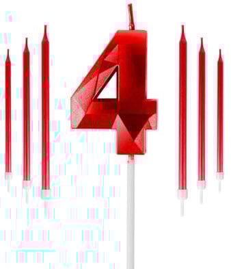 Red 4th Birthday Candles Set, Number 4 Candle with Red Long Candles, Birthday Candles for Cake, Birthday Candle, Cake Candles Cake Topper Decorations for Boys Girls Men Women Birthday Party Wedding