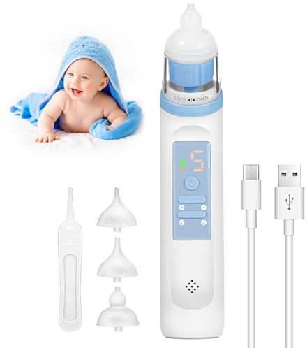 Mouche Bebe Electrique, Aspirateur Nasal Bébé, Suceur de Morve avec 3 Silicone Buses pour Nouveau Nés/Tout-petits, Nettoyeur de Nez de Nourrissons avec 5 niveaux, Musique et Lumière Apaisante