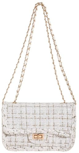 FGJKKK Damen Tweed Geldbörsen und Handtasche PU Leder Wolle Kette Satchel Schultertaschen Totes Crossbody Unterarmtasche Clutch, Weiß-1