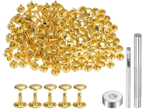 QUARKZMAN 100 Juegos Remaches de Cuero 10 x 10mm Remaches de Doble Tapa de Metal Broches de Presión con 3 Herramientas de Instalación para Cuero Manualidades Diy Tono Dorado