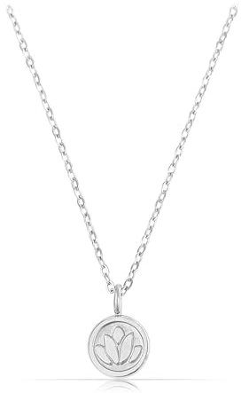 Made by Nami Kette Damen Silber oder Gold mit rundem Anhänger Lotus Blume 40 + 5 cm Länge Wasserfest Geschenke für Frauen (Silber)