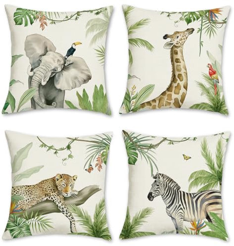 Bonhause 4er Set Kissenbezüge Tropische Tiere 45 x 45 cm Elefant Giraffe Leopard Zebra Dekorative Kissenhülle Zierkissenbezüge für Sofa Zuhause Garten Outdoor Dekoration
