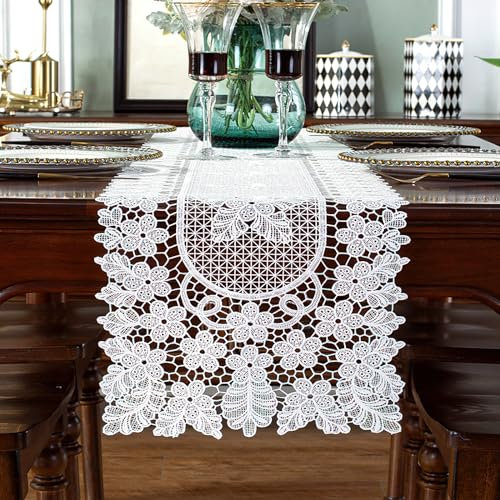 auons Tischläufer Weiße Spitze Kommode Schal Häkeln Blume Elegante Makrame Tischläufer für Haus Bankett Hochzeit Festival Party Tischdekoration, 30 x 140 cm