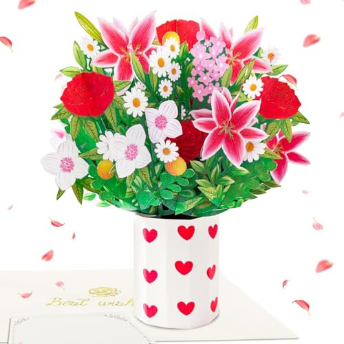 YianHien Geburtstagskarte Frau Rose, Romantisch Rosen und Lilien Blumen Karte zum Geburtstag Muttertag Valentinstag Jubiläum Valentinstag Dank, 3D Blumenstrauß Muttertag Karte für Mama Oma Patentante