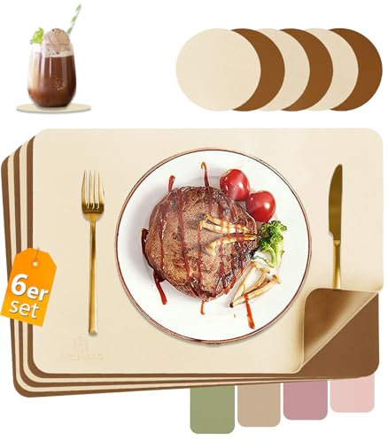HELI MIAO Tischsets Abwaschbar,Platzsets Abwischbar,Tischset Leder,Hitzebeständig Doppelseitigen I 6er Set Platzdeckchen Lederoptik mit Untersetzer,Tischuntersetzer,Platzdecken beige+braun