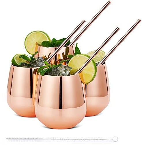 Oak & Steel - 8 Elegant Stainless Steel Stemless Wine Glasses Gift Set, with Reusable Straws and Cleaning Brush, Shatterproof Wine Tumblers for Gin, Cocktails, Party - 350ml (Rose Gold) (8, Rose Gold)