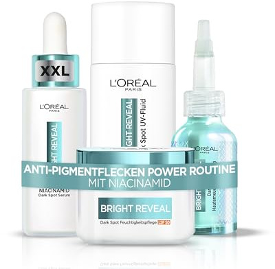 L’Oréal Paris Bright Reveal Set gegen Pigmentflecken (4-teilig): Peeling, XXL Niacinamid Serum, UV-Fluid & Feuchtigkeitscreme LSF 50 [Exklusiv bei Amazon]