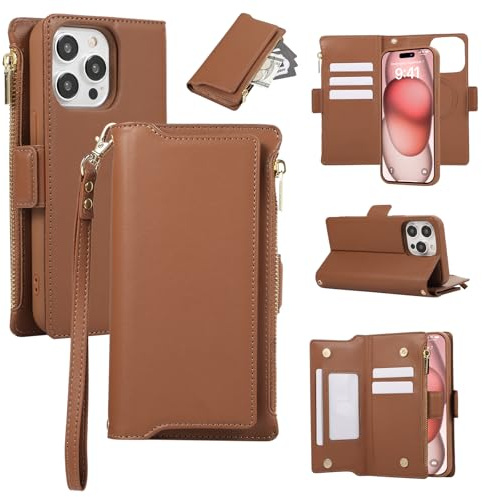 Wallet Case for iPhone 11 Pro,Zipper Pocket Magnetic [Detachable] Flip Leather Cover with 6 Card Slots and 1 Cash Slot,[RFID Blocking] Case with Wrist Strap and Lanyard for Woman/Man(Brown)